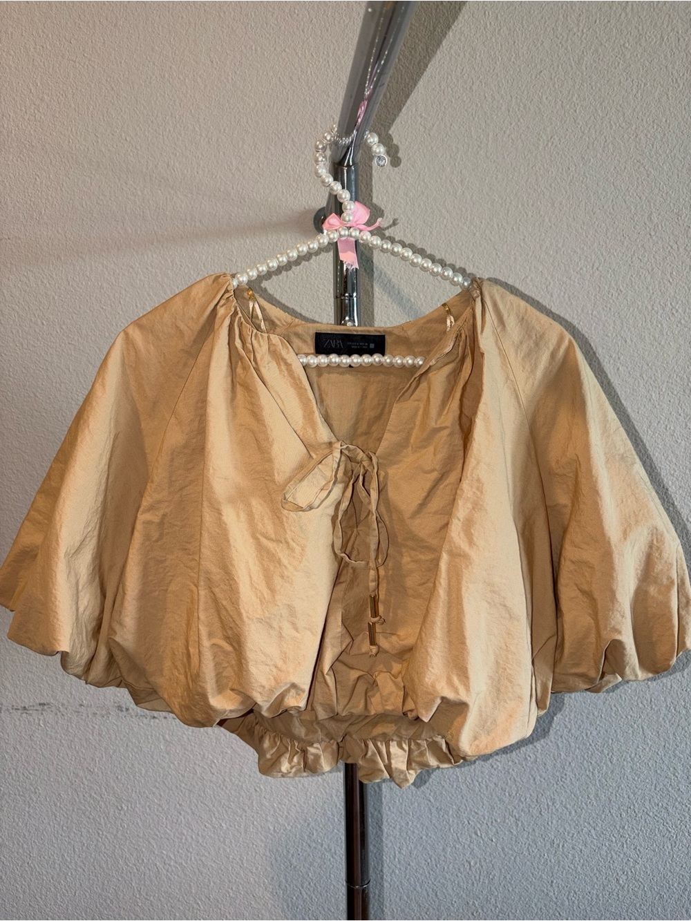 Zara Tan Tie-Front Puff Sleeve Crop Top